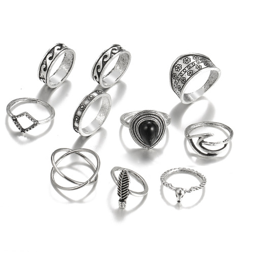 Korean jewelry industry AliExpress European and American knuckle rings hot-selling retro exaggerated gemstone combination set ring 16 sets