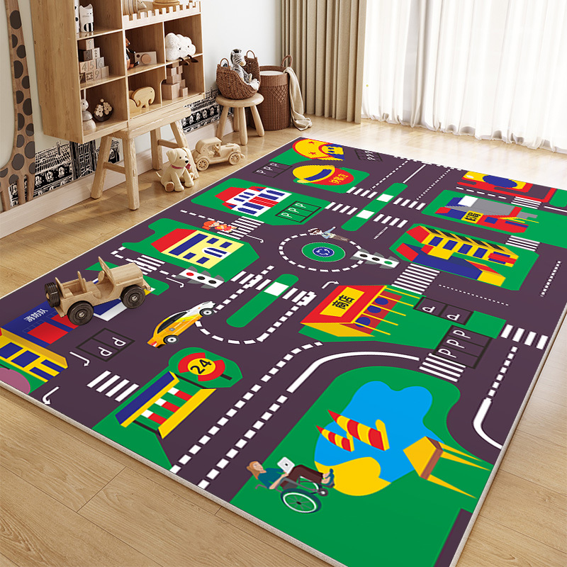 Source Manufacturer of Large-Area Non-Slip Mats for Bedrooms, Crystal Velvet Carpets, Cartoon Car Track Children's Floor Mats