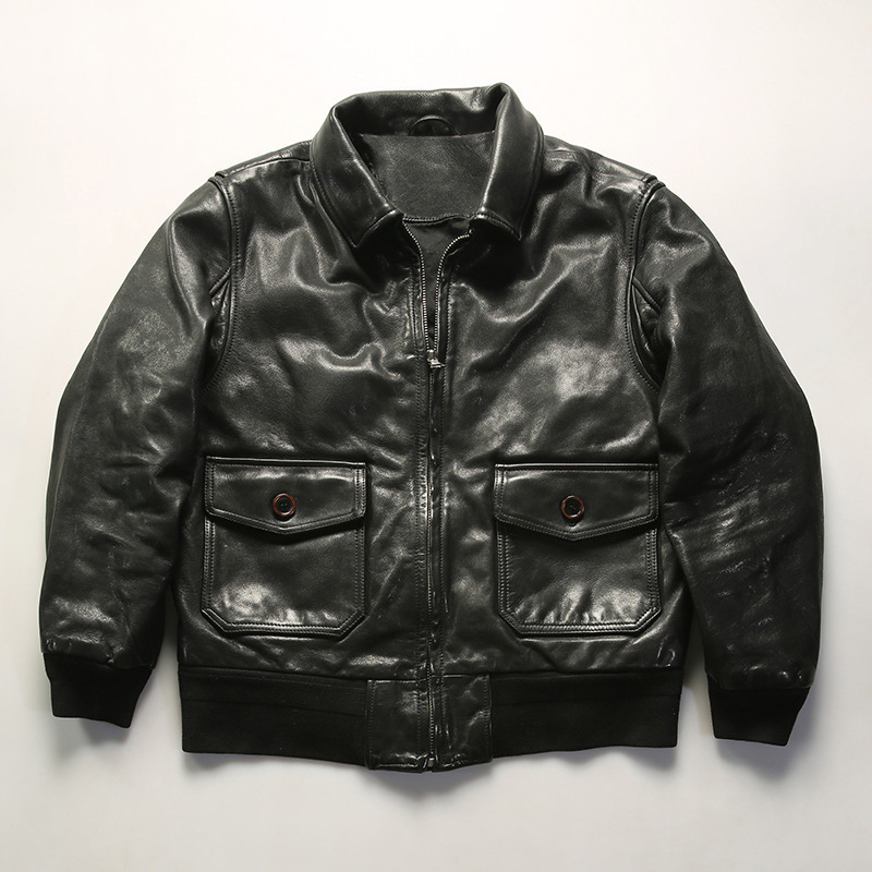 Vintage American G1 Pilot Genuine Leather Jacket for Men with Turn-Down Collar, Expanded Version, Full Vegetable-Tanned Oil-Waxed Cowhide Leather Jacket Vintage American G1 Pilot Genuine Leather Jacket for Men with Turn-Down Collar, Expanded Version, Full Vegetable-Tanned Oil-Waxed Cowhide Leather Jacket