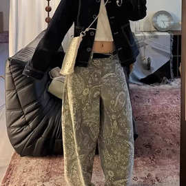 定制牛仔裤美式复古腰果花印花弯刀女秋季宽松显瘦高腰阔腿拖地裤