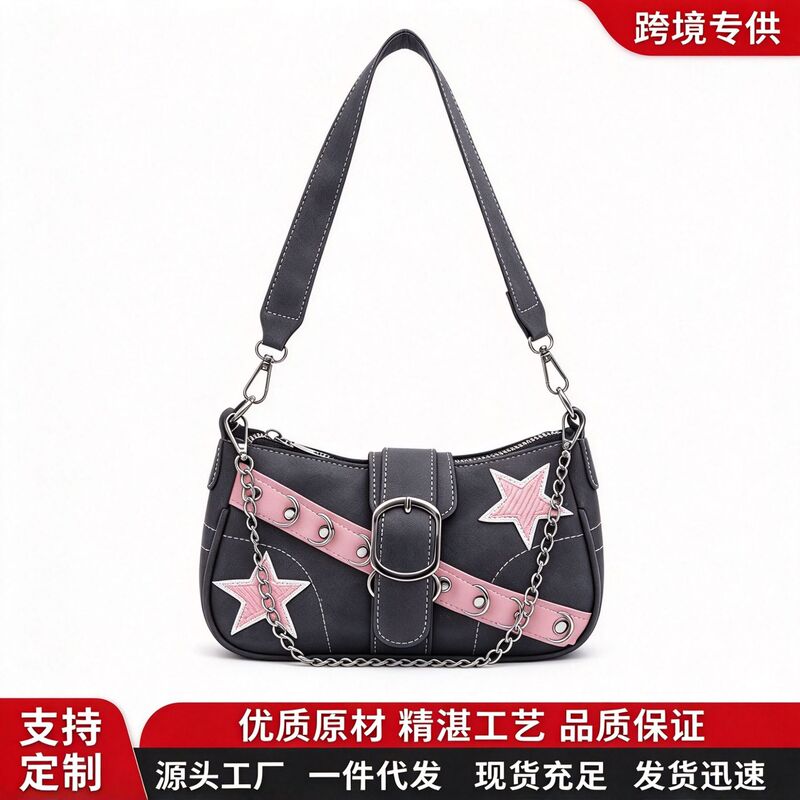 Cross-Border Autumn and Winter New Trendy Niche Design Pink Leather Star Baguette Shoulder Bag Spicy Girl Chain Underarm Bag for Women Cross-Border Autumn and Winter New Trendy Niche Design Pink Leather Star Baguette Shoulder Bag Spicy Girl Chain Underarm Bag for Women