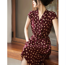 波点赫本裙少女腰系带时髦复古v领仿桑蚕丝法式茶歇连衣裙夏季新