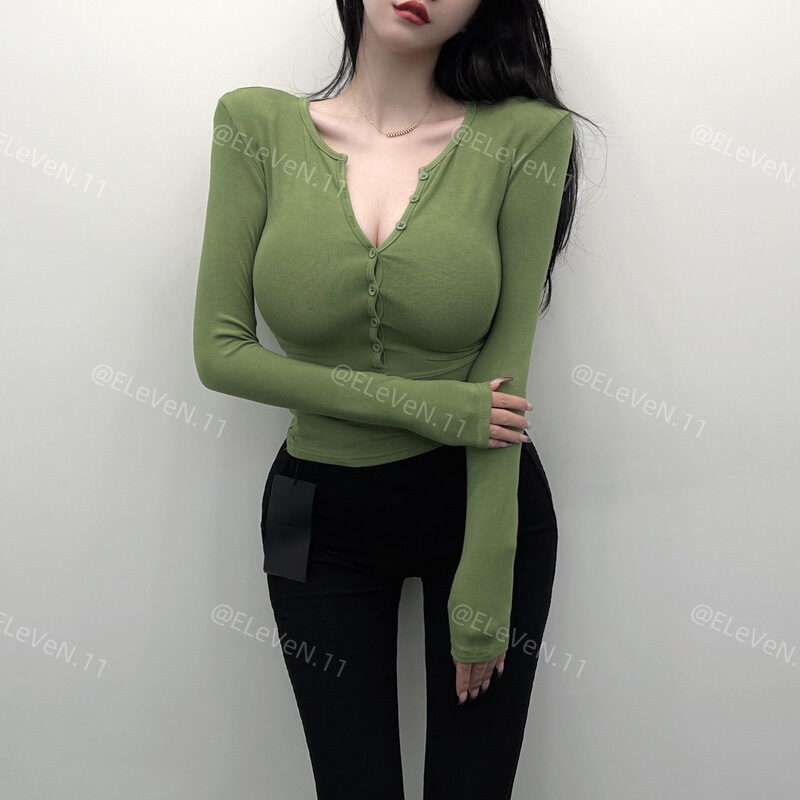 Basic Green V Neck Long-Sleeved T-Shirt for Women, Single-Breasted, Tight-Fitting, Slim and Versatile Bottoming Shirt with Shoulder Pads, Autumn and Winter