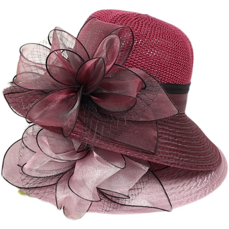 夏季欧根纱帽子遮阳帽女防晒渔夫帽出游沙滩帽防紫外线花朵太阳帽
