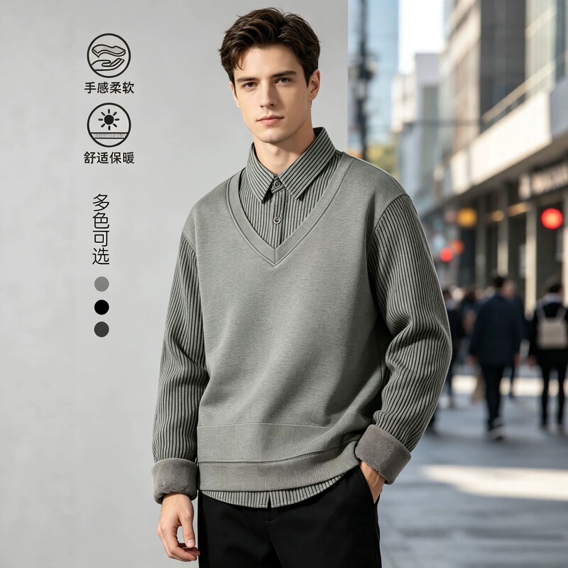 Foreign trade cross-border winter faux two-piece sweater, autumn and winter knitted shirt with a collar, fleece-lined shirt collar, autumn and winter men's sweater
