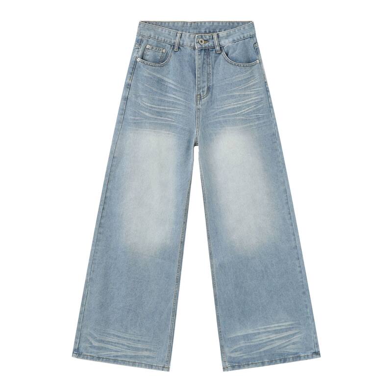 Quần jean nam ống đứng dáng suông rộng, vải denim giặt nước hiệu ứng nếp gấp, phong cách đường phố — Màu xanh lam