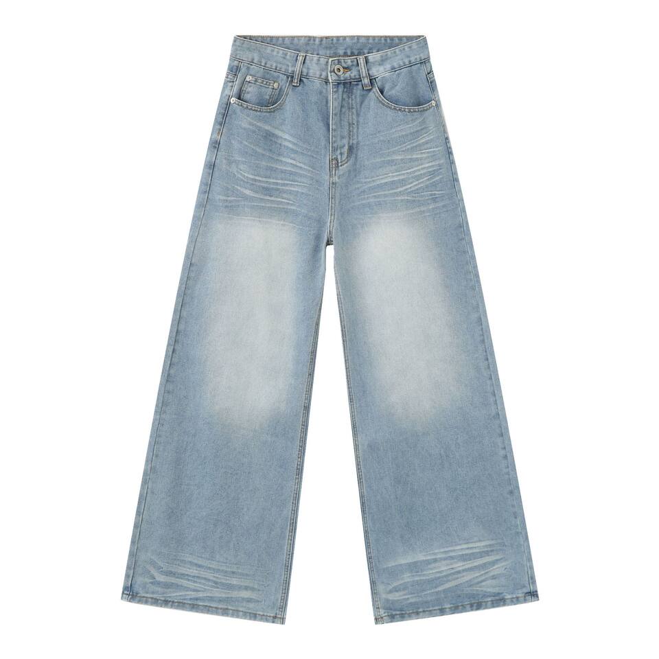 Quần jean nam ống đứng dáng suông rộng, vải denim giặt nước hiệu ứng nếp gấp, phong cách đường phố — Màu xanh lam