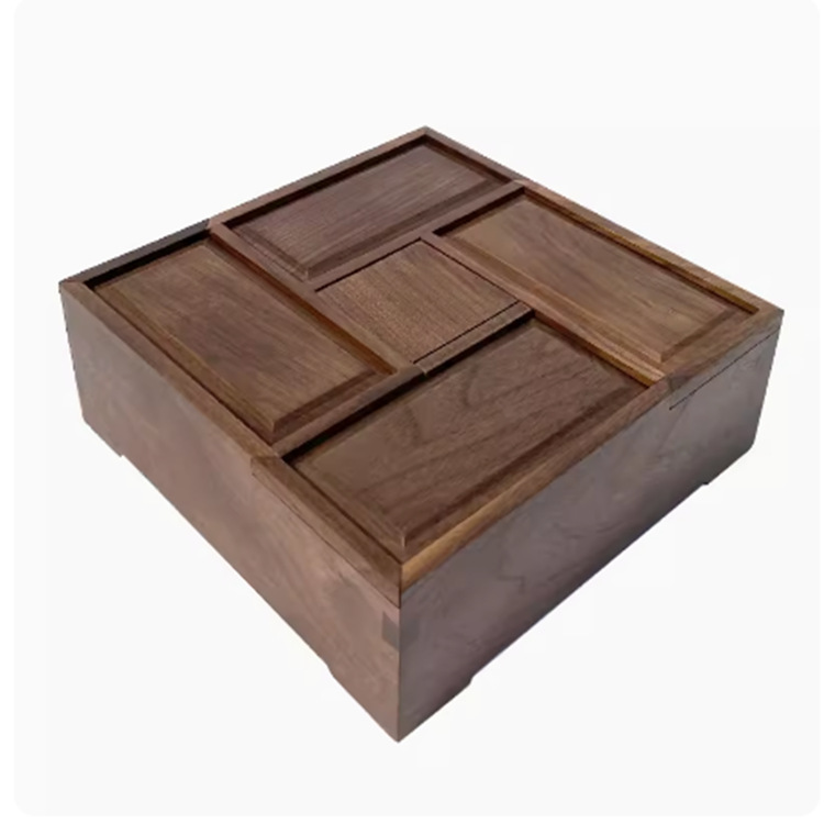 Nogal negro Nuevo estilo chino Jiugongge plato de fruta caja de dulces multifuncional creativa sala de estar de madera maciza plato de nuez caja de fruta seca comida