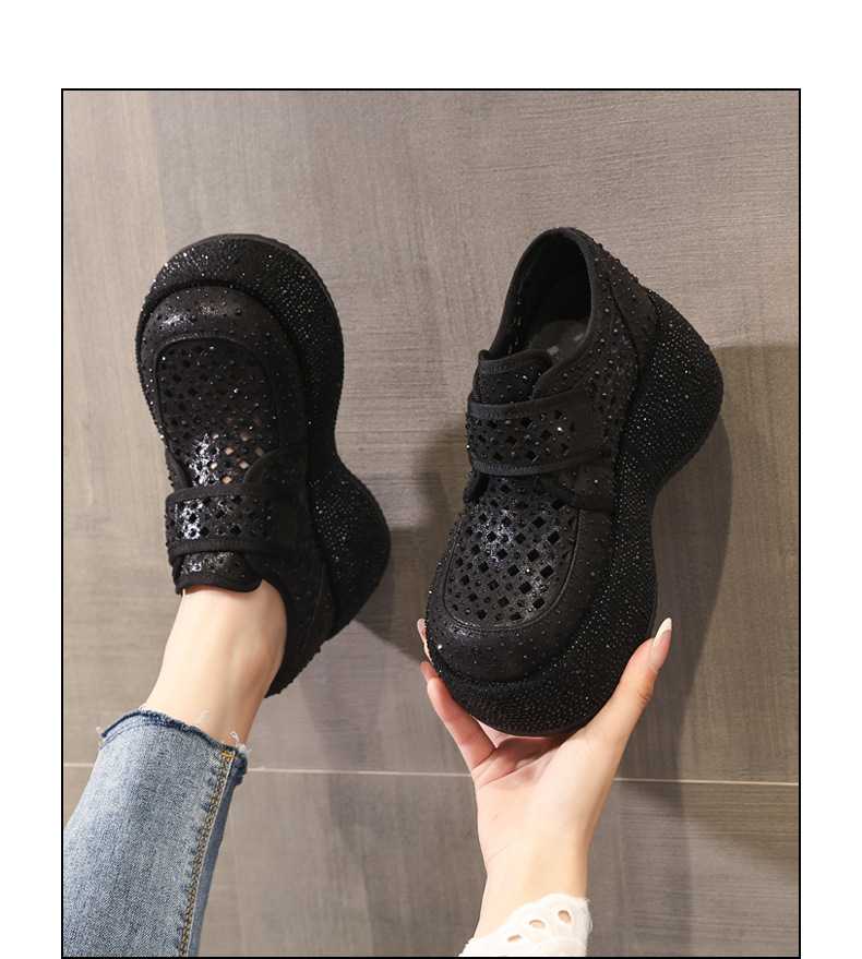 Giày sneaker nữ đế dày tăng chiều cao, phối đá rhinestone, quai magic stick, mùa hè 2026 — màu đen, bạc chi tiết 14
