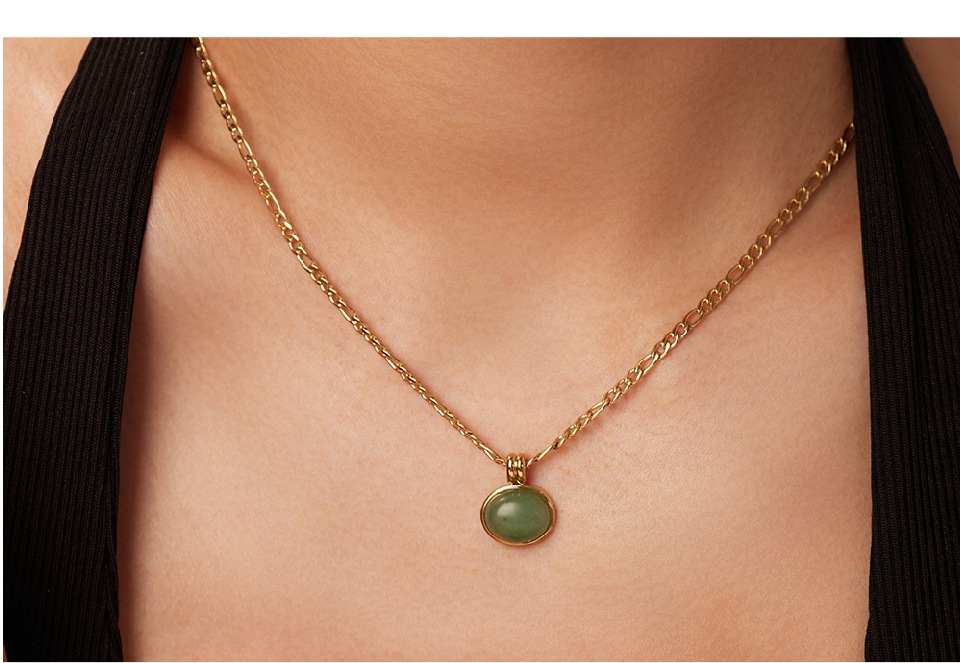 Fashion Round Stainless Steel Titanium Steel Gold Plated Natural Stone Pendant Necklace_colorza_3