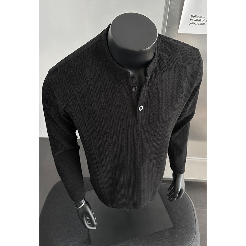 Textured Wheat-ear Pattern Henry Collar Long-sleeve T-shirt For Men, Spring Cleanfit High Street Style, Stylish And_voghion.com