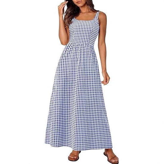 2025 European and American Foreign Trade Cross-Border Women's Clothing Amazon Hot-Selling Spaghetti Strap Square Neck Plaid Sweet Super Long Dress 2025 European and American Foreign Trade Cross-Border Women's Clothing Amazon Hot-Selling Spaghetti Strap Square Neck Plaid Sweet Super Long Dress