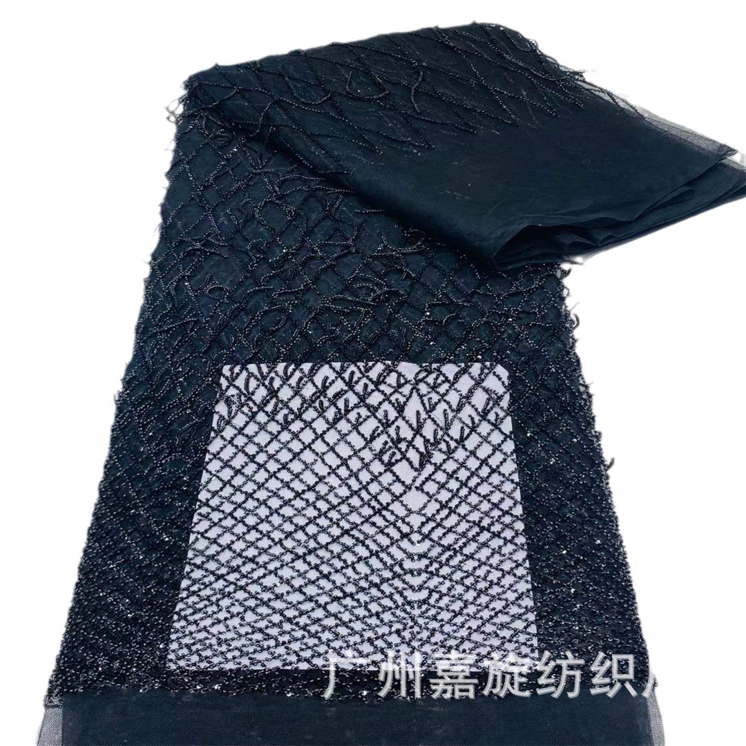 Europa y América Rhombus Plaid borla tela de encaje lentejuelas cuentas vestido de novia vestido de noche rendimiento ropa tela JX3962