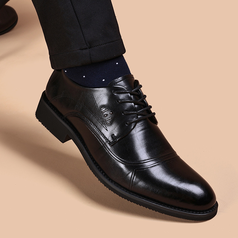 Men's Leather Shoes Business Formal Casual Lace-Up Height-Increasing Genuine Leather British Pointed Black Autumn Youth Korean Style Men's Shoes