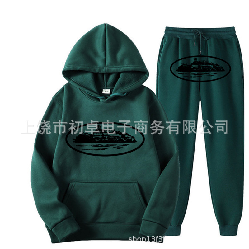 Europeo y americano clint419 diablo prisión patrón hombres y mujeres mismo suéter traje impreso con capucha conjunto de dos piezas al por mayor