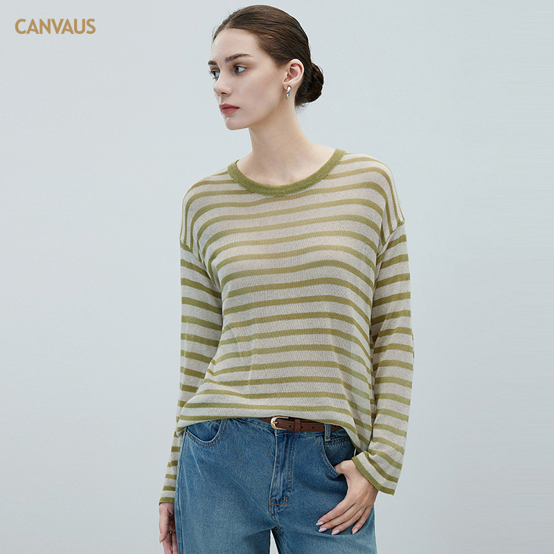 CANVAUS Women's New Round Neck Casual Striped Knit Sweater Simple Loose Pullover T-Shirt Cover-Up
