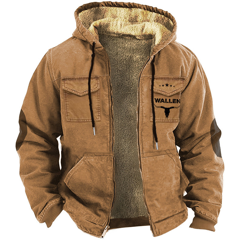 2024 European and American Cross-Border Western Cowboy 3D Printed Digital Print Hooded Sweatshirt with Brown Lining and Pockets Cotton Jacket