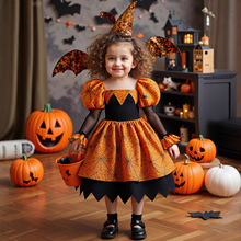 2025新款女童礼服裙泡泡袖万圣节派对礼裙长袖公主裙欧美蓬蓬纱裙