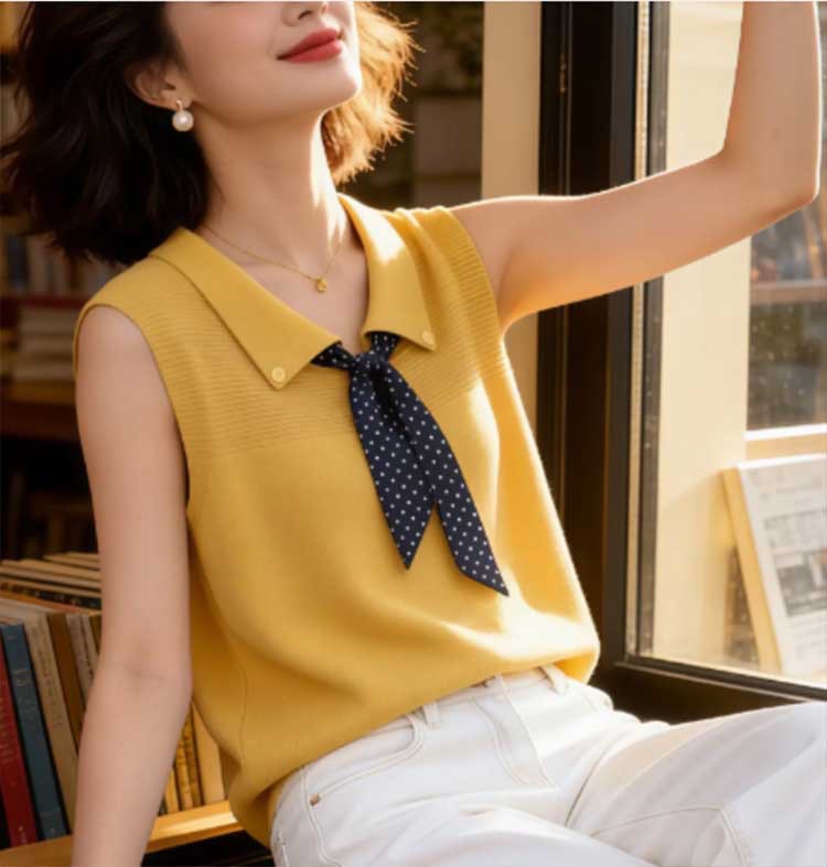 Áo len cổ Polo dệt kim tay ngắn họa tiết chấm bi lụa phối khăn, form rộng thoải mái — Màu ảnh chi tiết 5
