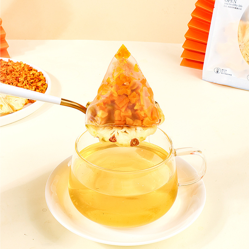 Pumpkin Pineapple Coconut Herbal Tea 5g x 10 Pyramid Tea Bags Hot or Cold Brew No Boil Wellness Blend in use