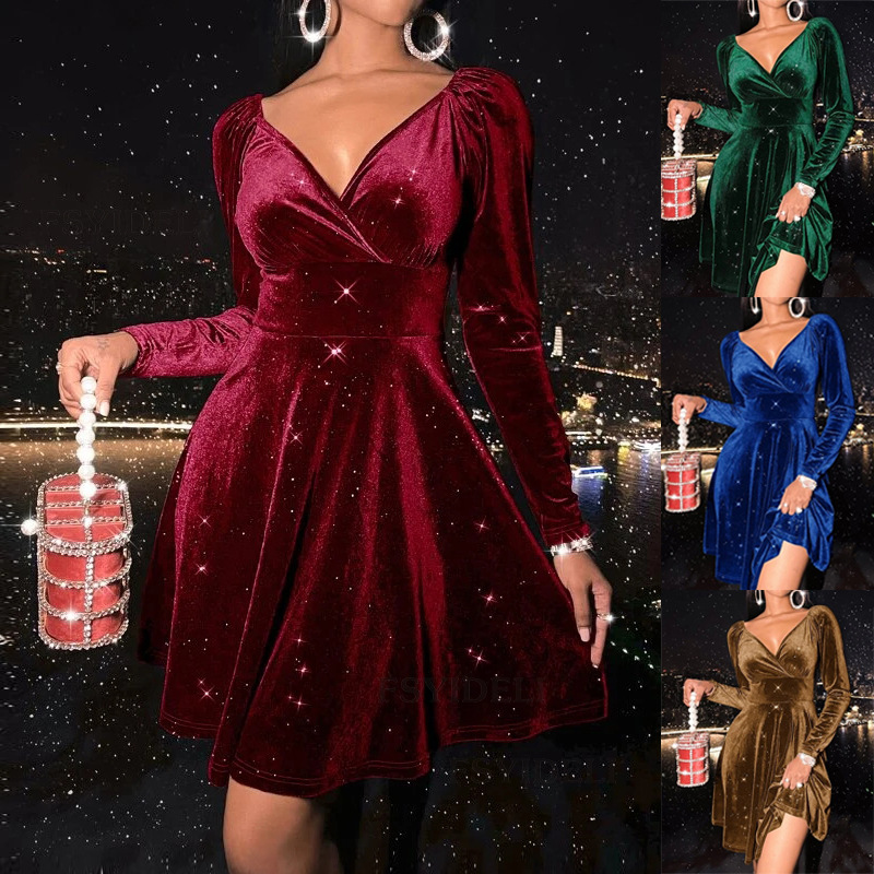 Sexy Solid Color V Neck Long Sleeve Patchwork Velvet Dresses Above Knee Sheath Dress display picture 1