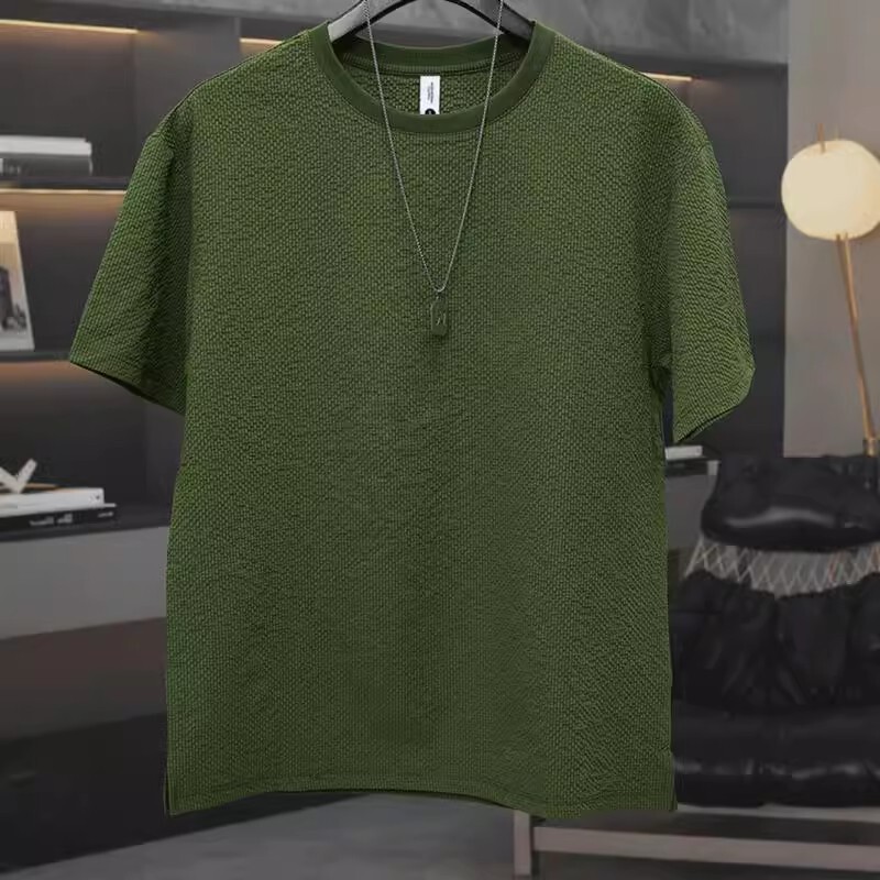 Summer seersucker senior texture waistcoat crew neck men's short sleeve T-shirt thin slim top half sleeve undershirt