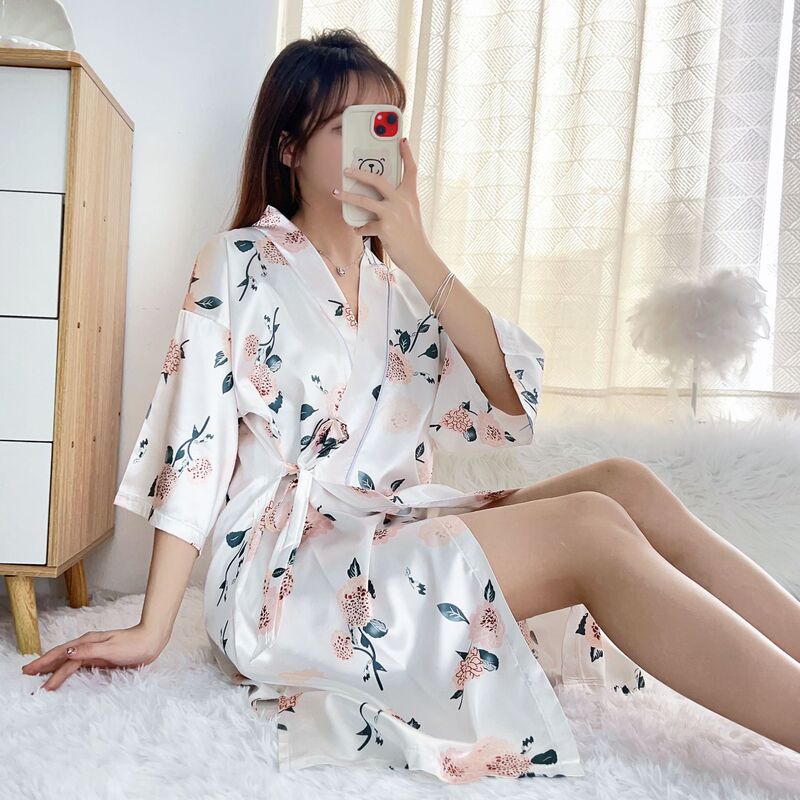 New Style Nightgown Women's Spring and Summer Mid-length Silk Morning Gown Fresh Flower Bathrobe Pajamas Simple Lace-up Home Clothes