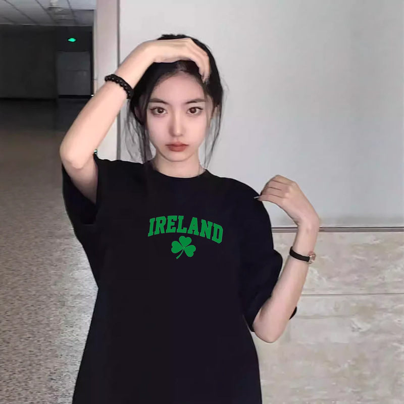 American-Style Women's Short-Sleeve T-Shirt, Summer New Model, Couple's Outfit, Clover Print, Trendy Plus-Size Black Top, Cross-Border