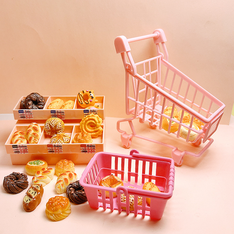 Juego de comida en miniatura, estante para pan de simulación, mini carrito de compras, carrito pequeño, juego para niños, juguete, decoración de bricolaje