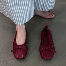 羊皮版~复古褶皱蝴蝶结芭蕾鞋2025新款平底鞋女通勤气质浅口单鞋