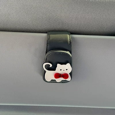 Cute Cat and Dog Car Sun Visor Magnetic Holder for Glasses, Multifunctional Car Sunglasses and Receipt Holder (Car Glasses Clip/Bill Clip) - red-bow-tie-cream-kitten-grey-eye-clip