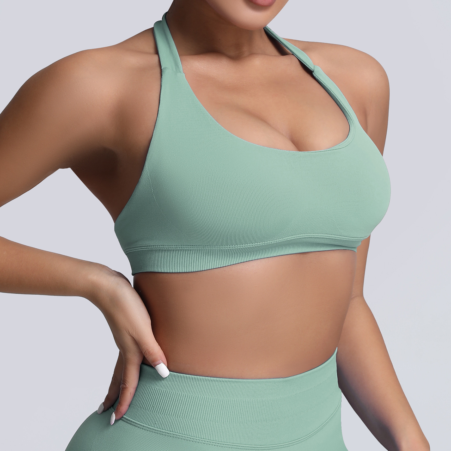 Europa y los Estados Unidos cuello colgante belleza de espalda ropa interior deportiva alta elástica matte nylon de espalda abierta gran chaqueta de yoga sujetador mujer