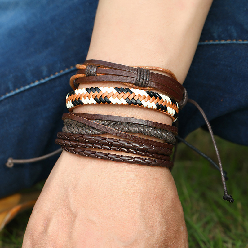 retro cowhide woven bracelet combination 12-piece set