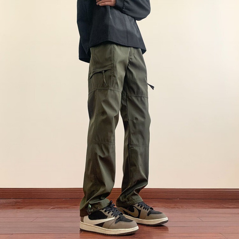 Army Green Quick-Dry Tactical Work Pants for Men, Summer Thin Functional Outdoor Paratrooper Pants, Loose Straight-Leg Casual Long Pants