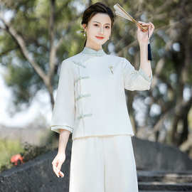 免烫抗皱禅意茶服居士服中式唐装阔腿裤套装养生采耳工作服夏