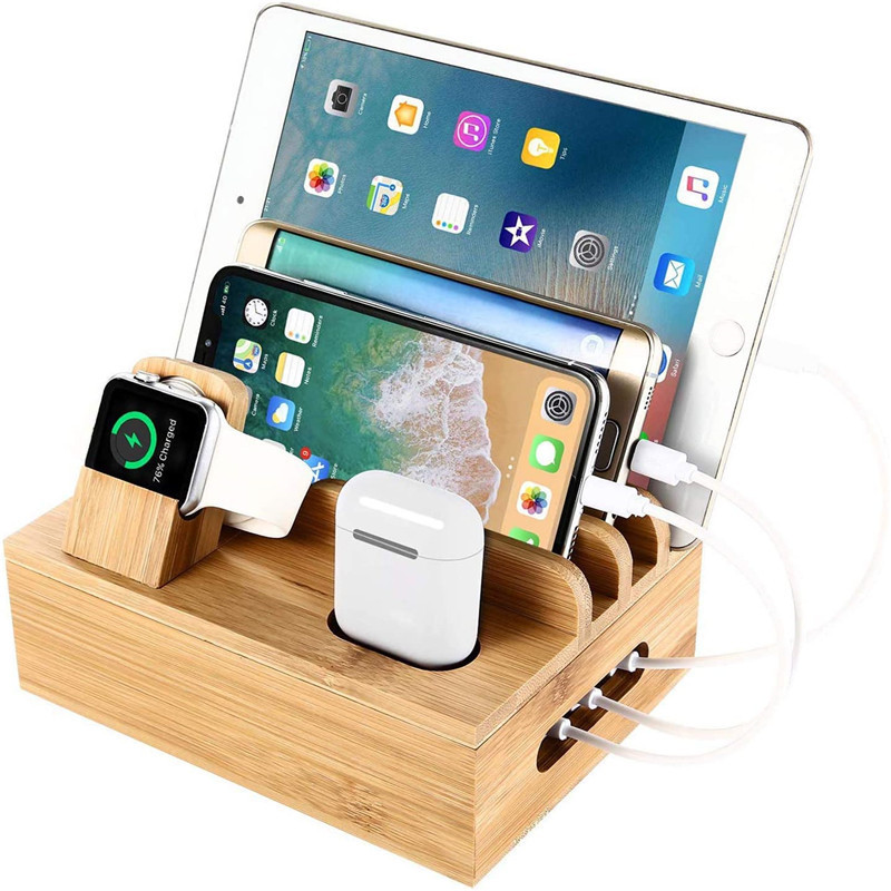 Cross-border creative bamboo handicraft mobile phone ipd bracket airpods Bluetooth charging storage organizer bracket