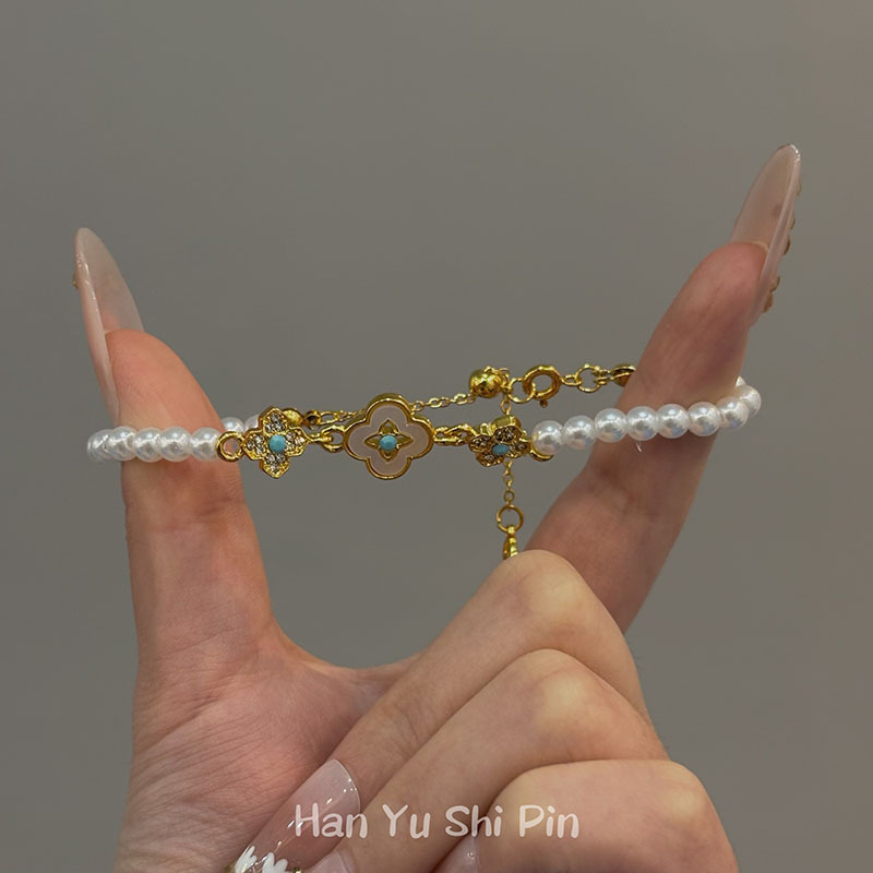 古风高级感珐琅滴油珍珠花朵手链时尚新中式精致寿山石串珠手环女|undefined