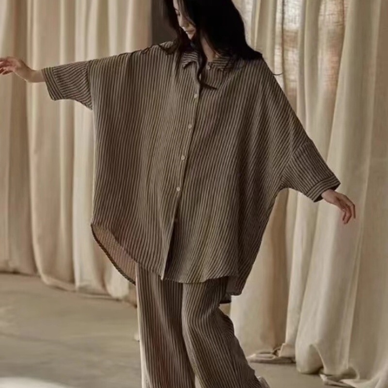 Spring and Autumn Clouds Cotton Pajamas Women's Lazy Style Loose Striped Thin Nine-point Sleeve Long Shirt for Home Wear