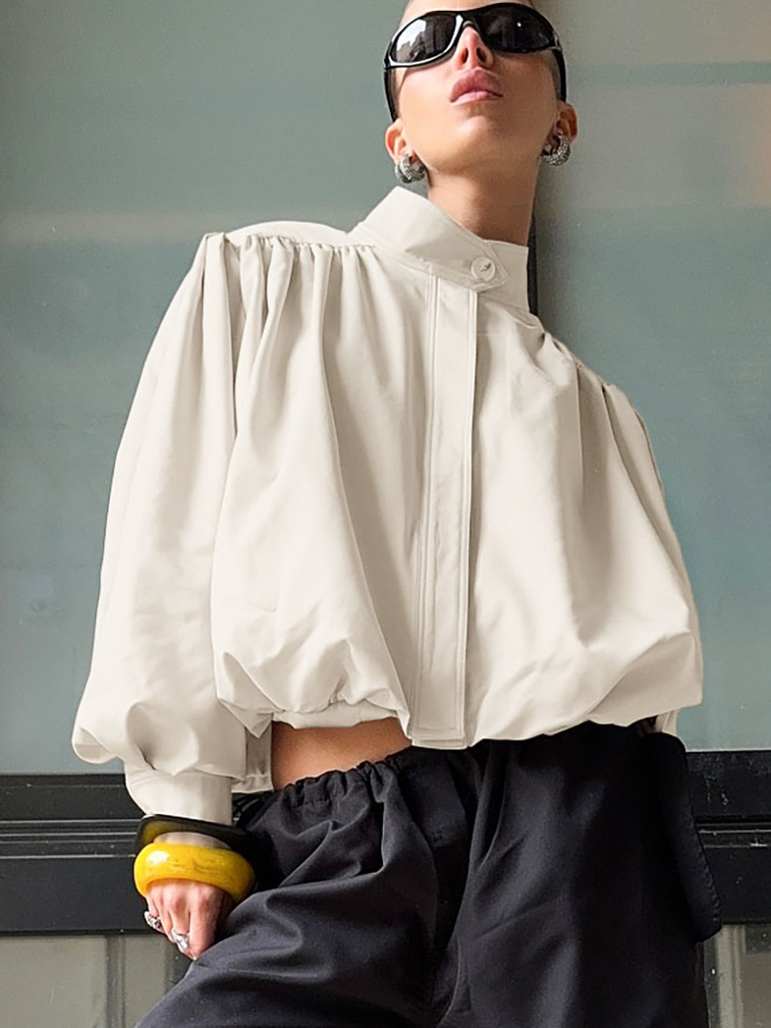 ​​Designer High-Neck Puff Sleeve Blazer – Chic Oversized Coat For Women, Work-to-Weekend Versatile Jacket​​_voghion.com