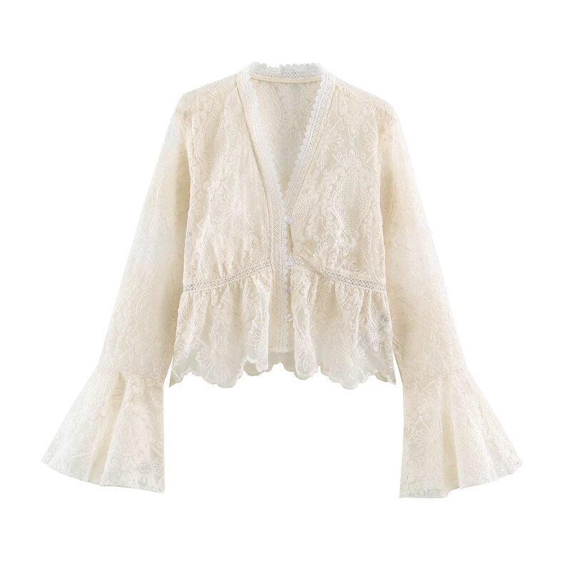 2026 Autumn Collection: Stylish lace-trimmed, flared-sleeve blouse for women. 11191 2026 Autumn Collection: Stylish lace-trimmed, flared-sleeve blouse for women. 11191