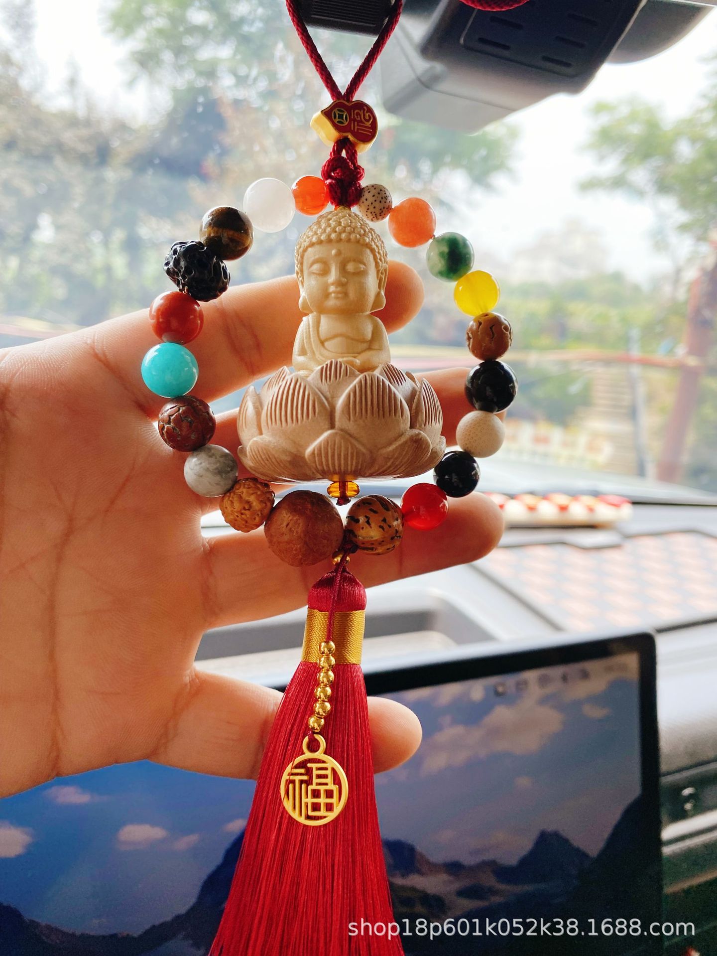Temple-Style Carved Boxwood Car Rearview Mirror Pendant with Eighteen-Seed Lotus and Small Buddha for Safety