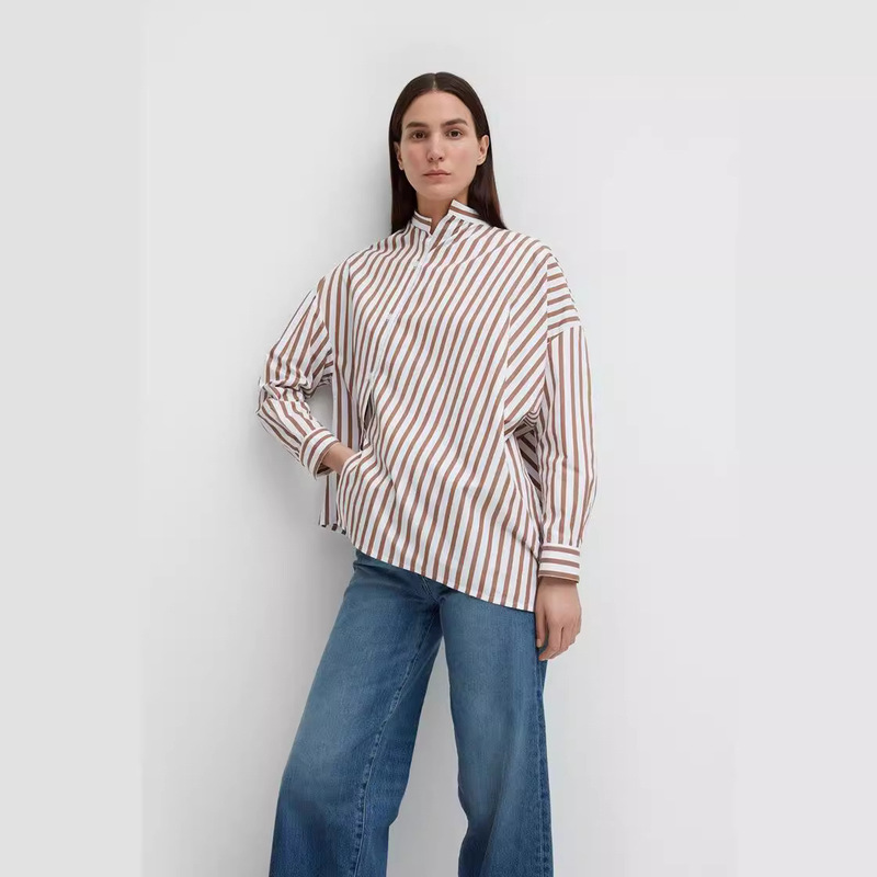 Scandinavian Tot Spring & Fall New Silhouette Asymmetrical Women's Shirt Long-Sleeved Stand-Up Collar Stripesd Women's Shirt
