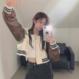 美式拼接短款棒球服女秋冬夹棉加厚保暖外套宽松百搭学生夹克