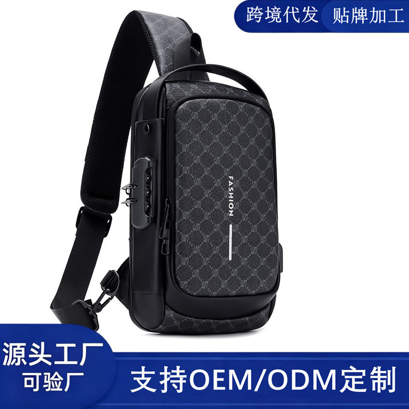 Men's Pu Anti-Theft Password Lock Chest Bag USB Charging Crossbody Bag Business Cycling Multifunctional Motorcycle Shoulder Bag