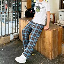 阔腿裤松弛cleanfit帅气格子裤子男生夏季慵懒休闲直筒裤运动卫裤