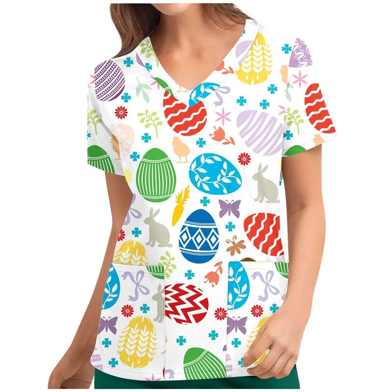 European and American New Style Nurse Uniform Printed Shirt V-Neck Short-Sleeved Base T-Shirt Women's Clothing