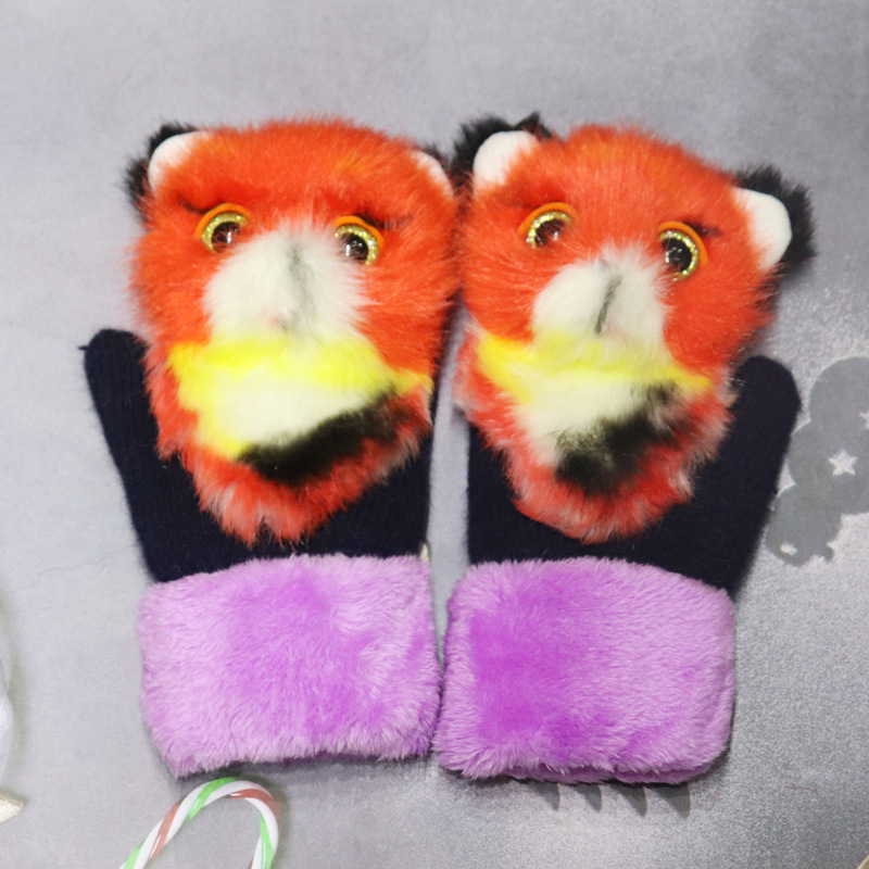 Fábrica de dibujos animados animal felpa guantes invierno cálido Dedo de piel de conejo de punto dama guantes lindos Comercio exterior al por mayor