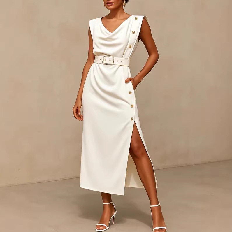 Women's Clothing Summer Women's Button Sleeveless Slit Dress Waist Cinching Commuter Style For Formal & Casual For Women_ecoleips.com