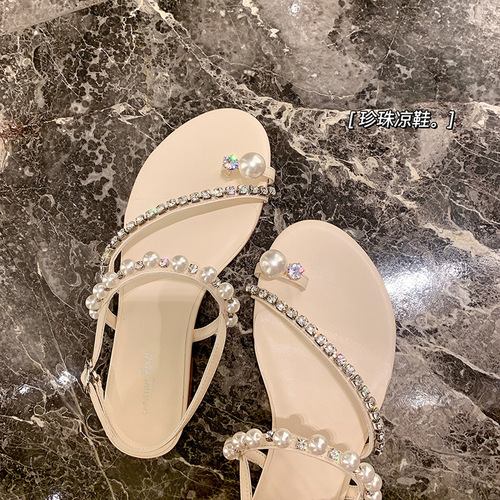 【sheii Su Yinyin】Delicate Girl~ Rhinestone Pearl Open-Toe Sandals Flat  Summer Large Size Women's Shoes