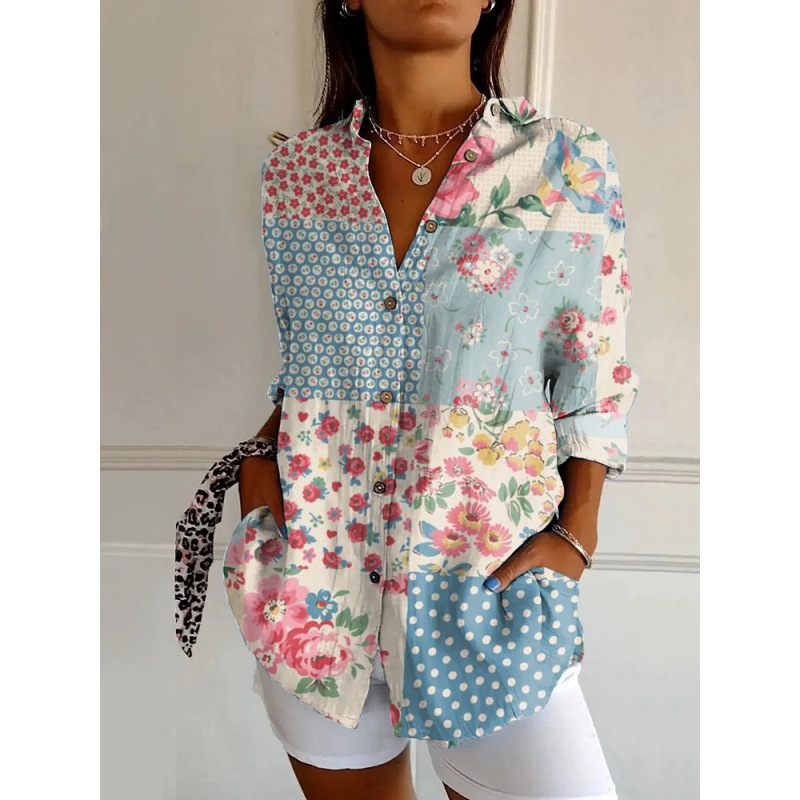 2025 新しい女性のロングシャツ女性の夏のヨーロッパとアメリカのトレンディな長袖シャツ花柄プリント 3D 裏地|undefined